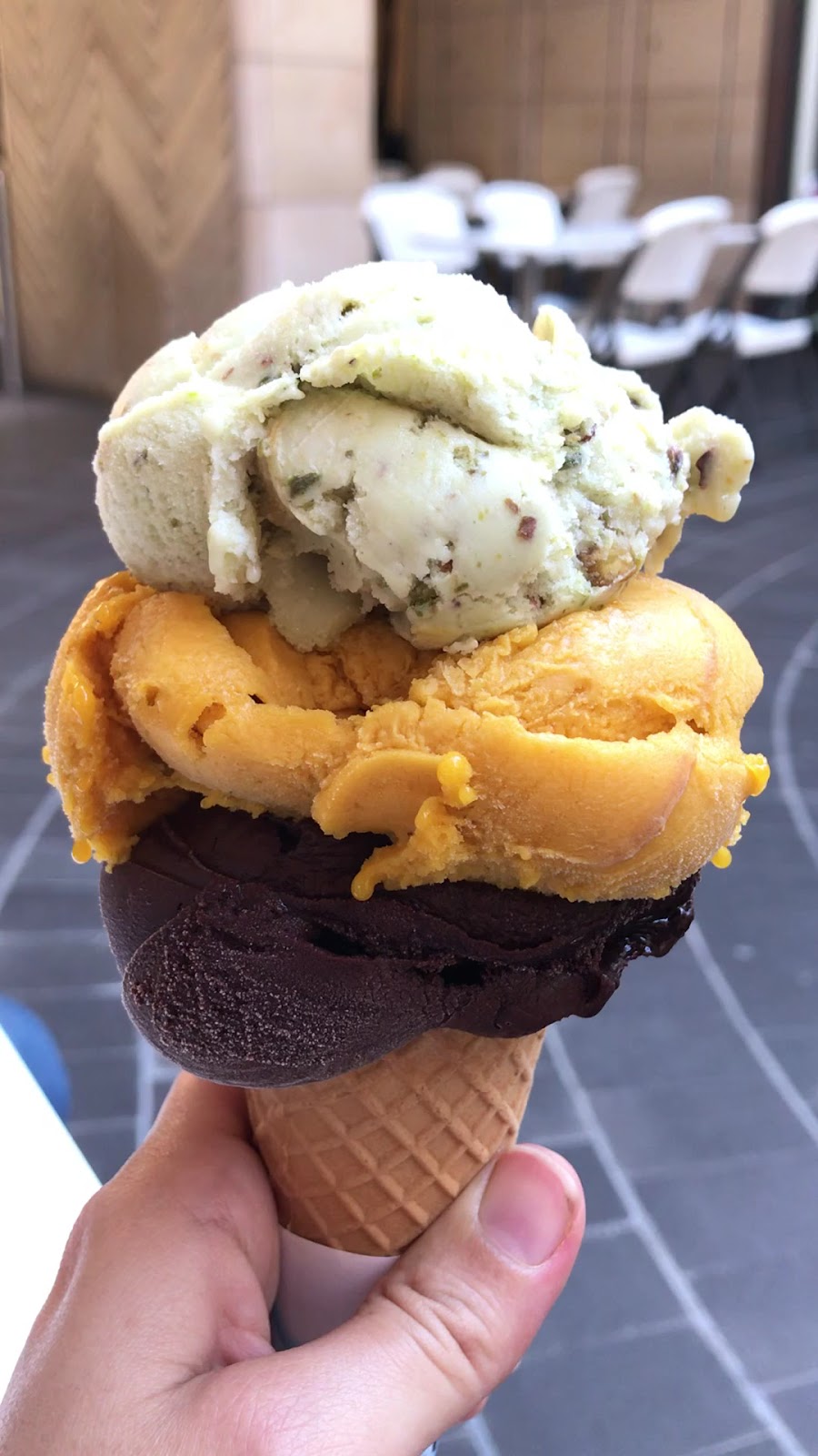 A three-scoop Arabic ice cream cone