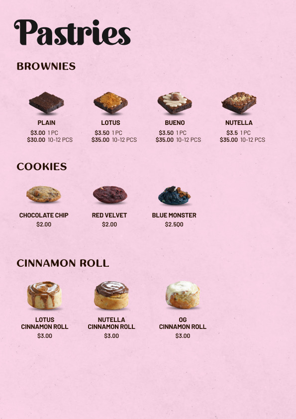 Bakerloo's own printed pastry price card on pink