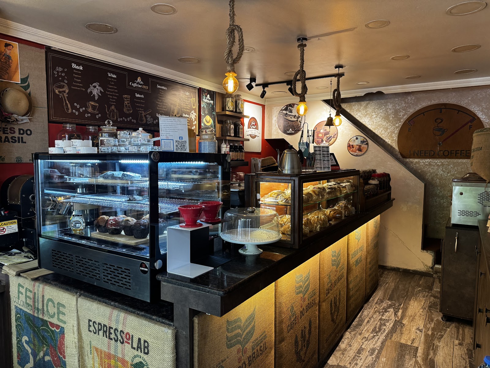 The counter room with its espresso machines and crate-lined walls