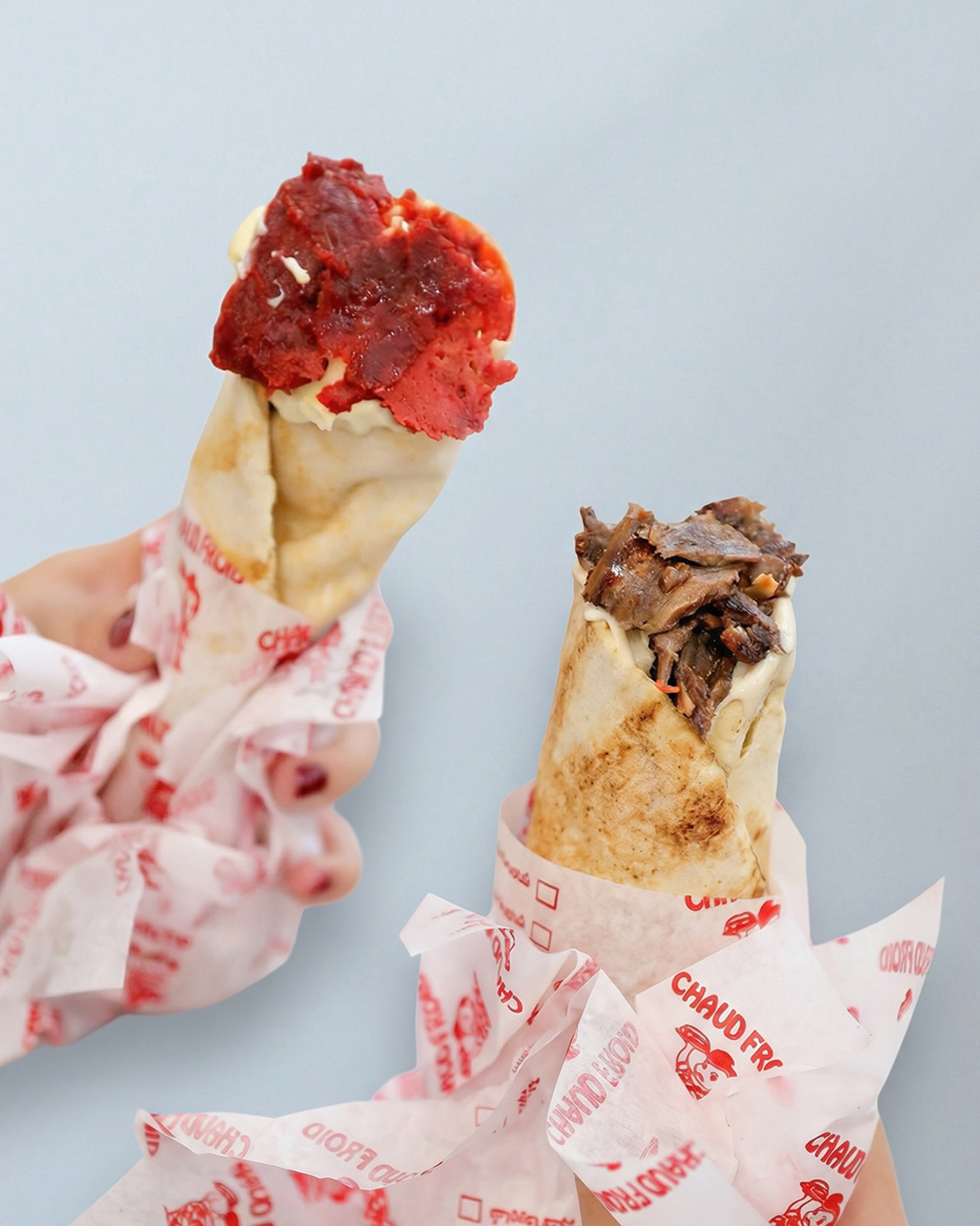 Two wraps standing upright in the printed Chaud Froid paper