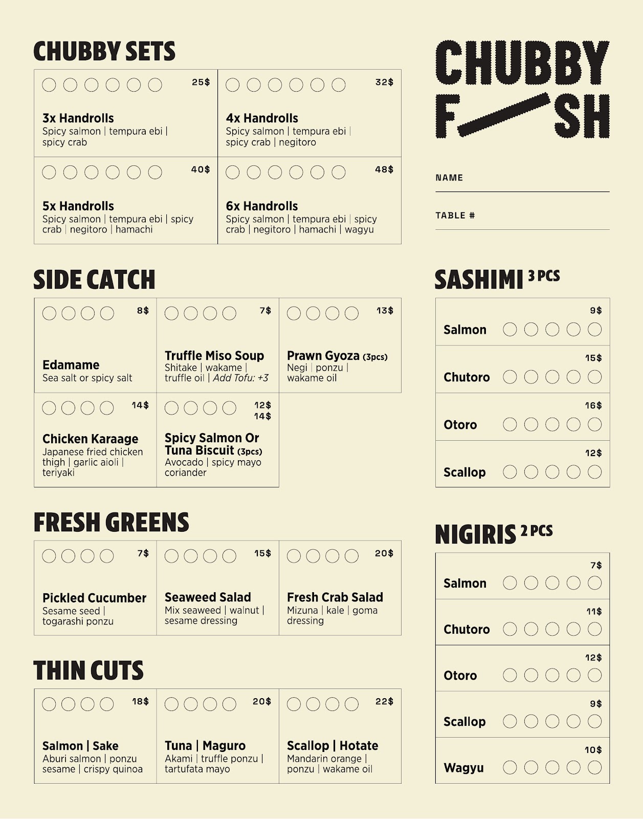 Chubby Fish checklist menu