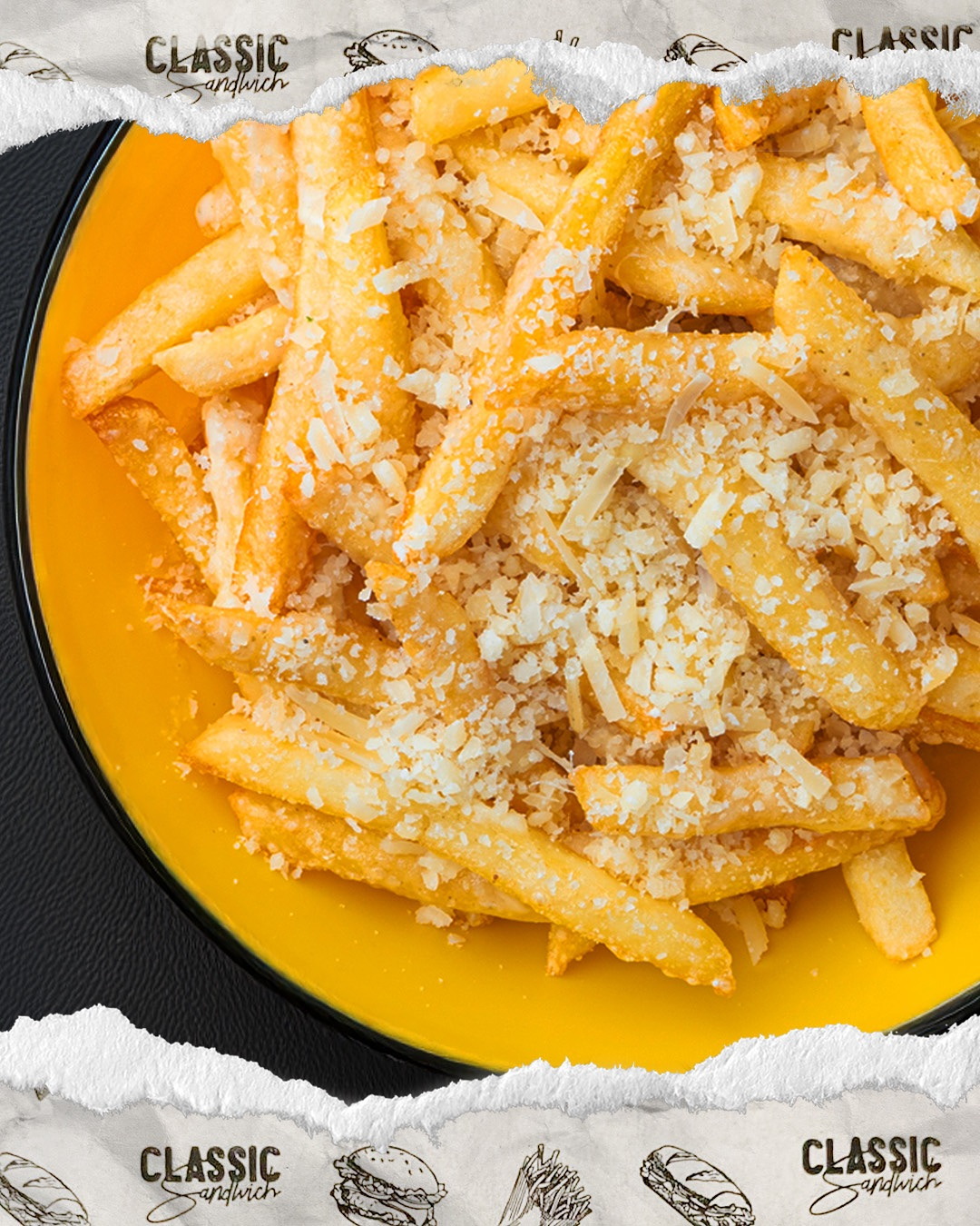 A yellow plate of fries under grated cheese on the printed wrap