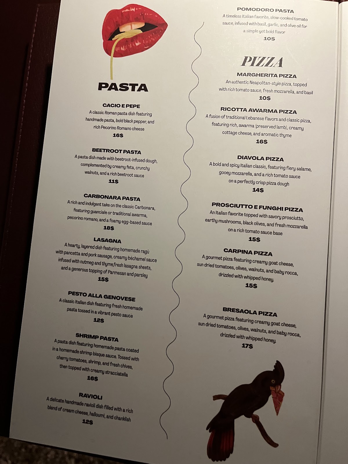 The Daring Italian's own printed pasta and pizza menu page