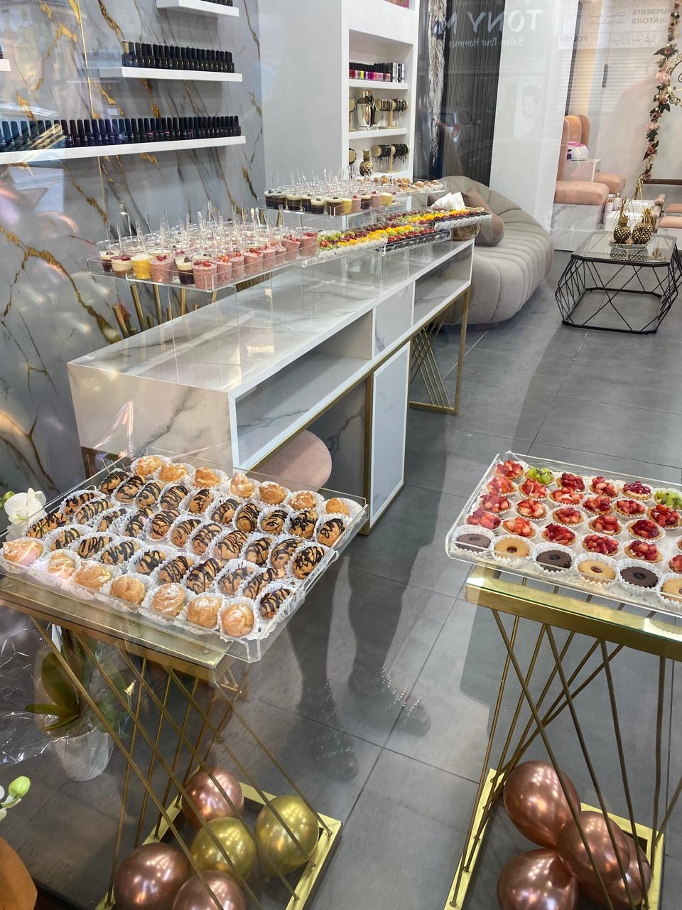 The dessert counter with cases of chocolates and sweets