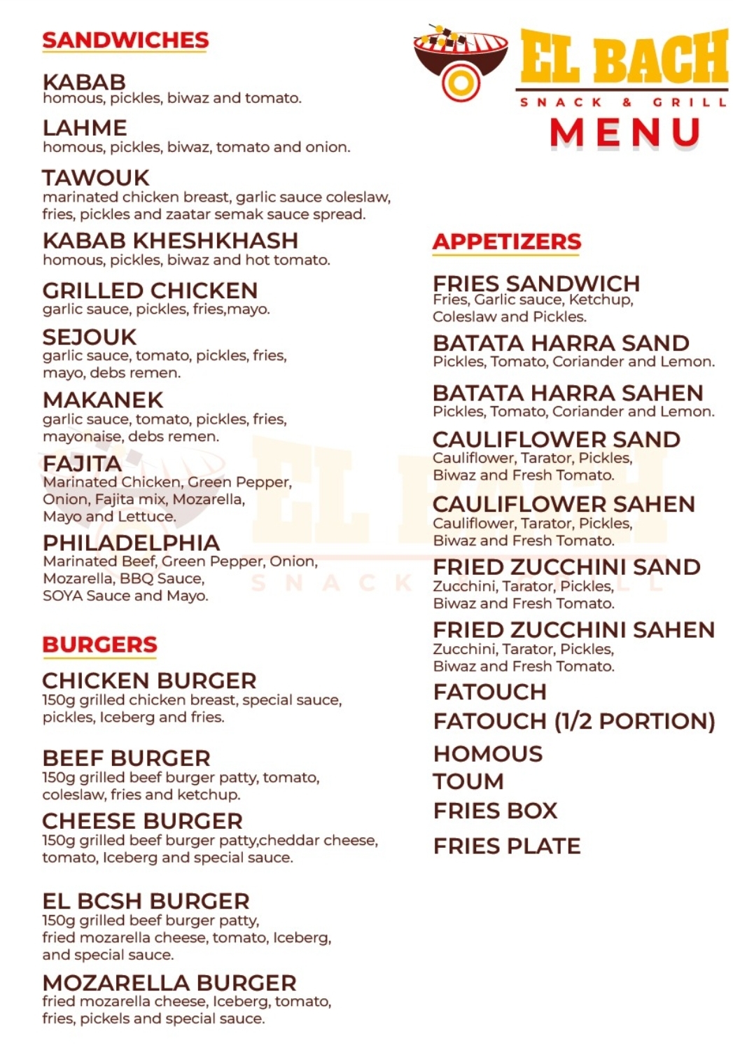 El Bach Snack & Grill menu