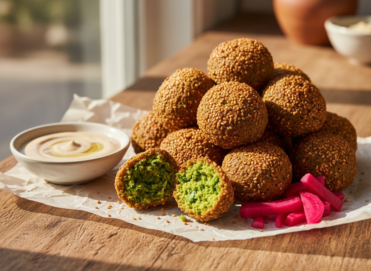 Golden sesame falafel with tahini and pickles
