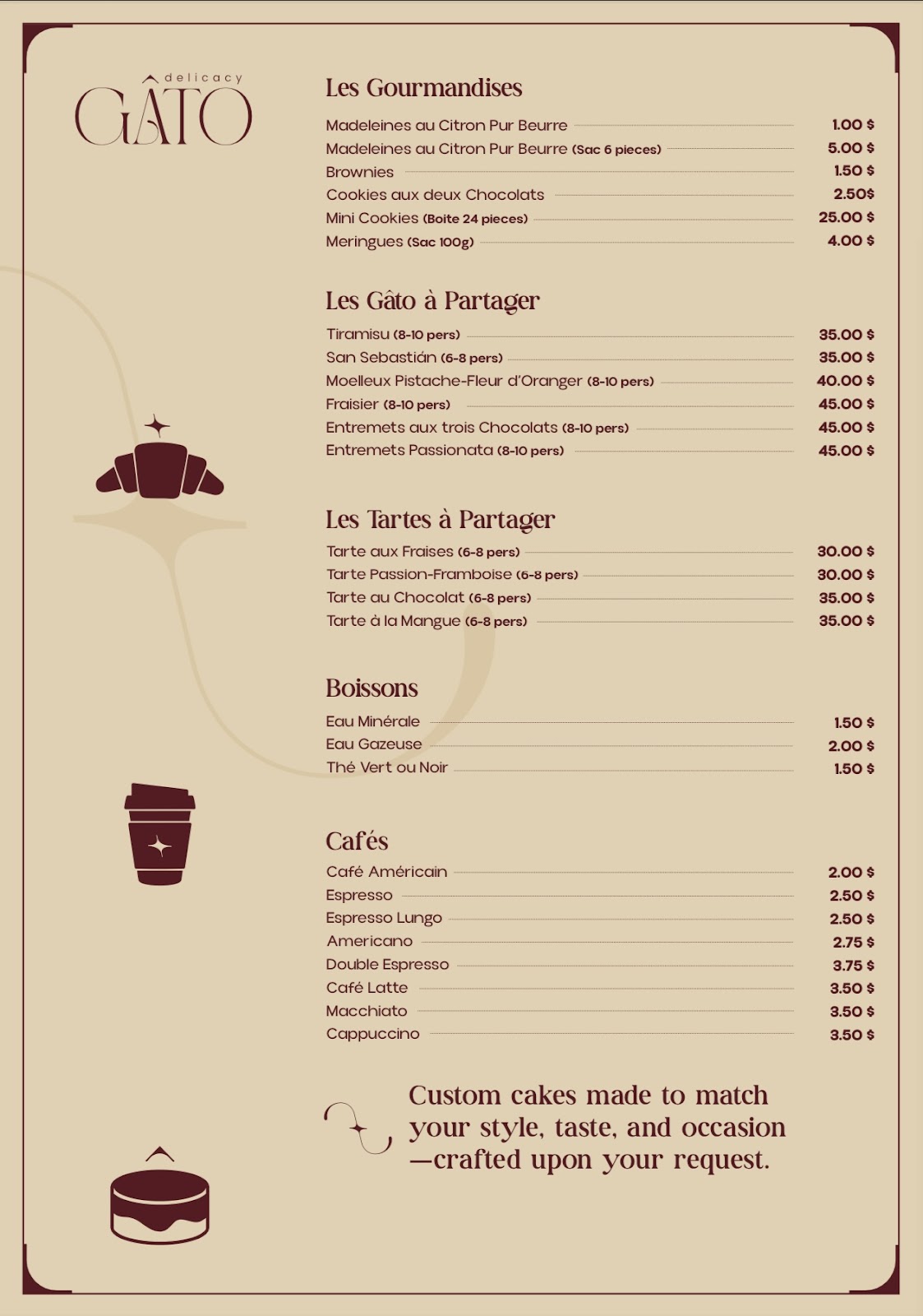 The printed Gato menu card these prices are copied from