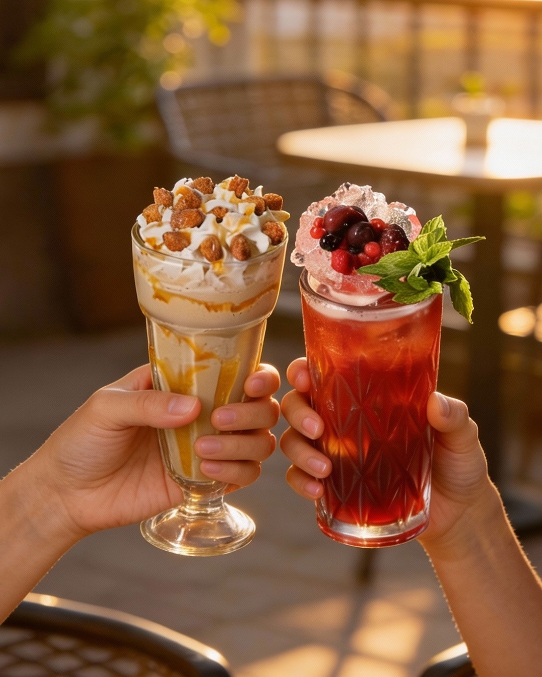 Two tall sundae glasses raised together over the terrace table