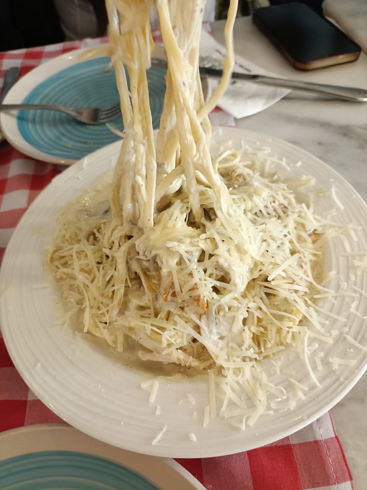 Tagliatelle Alfredo lifted from the plate