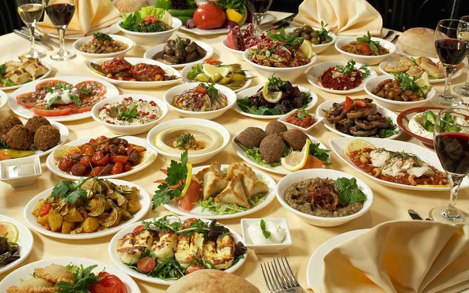 The full mezze spread across the cloth
