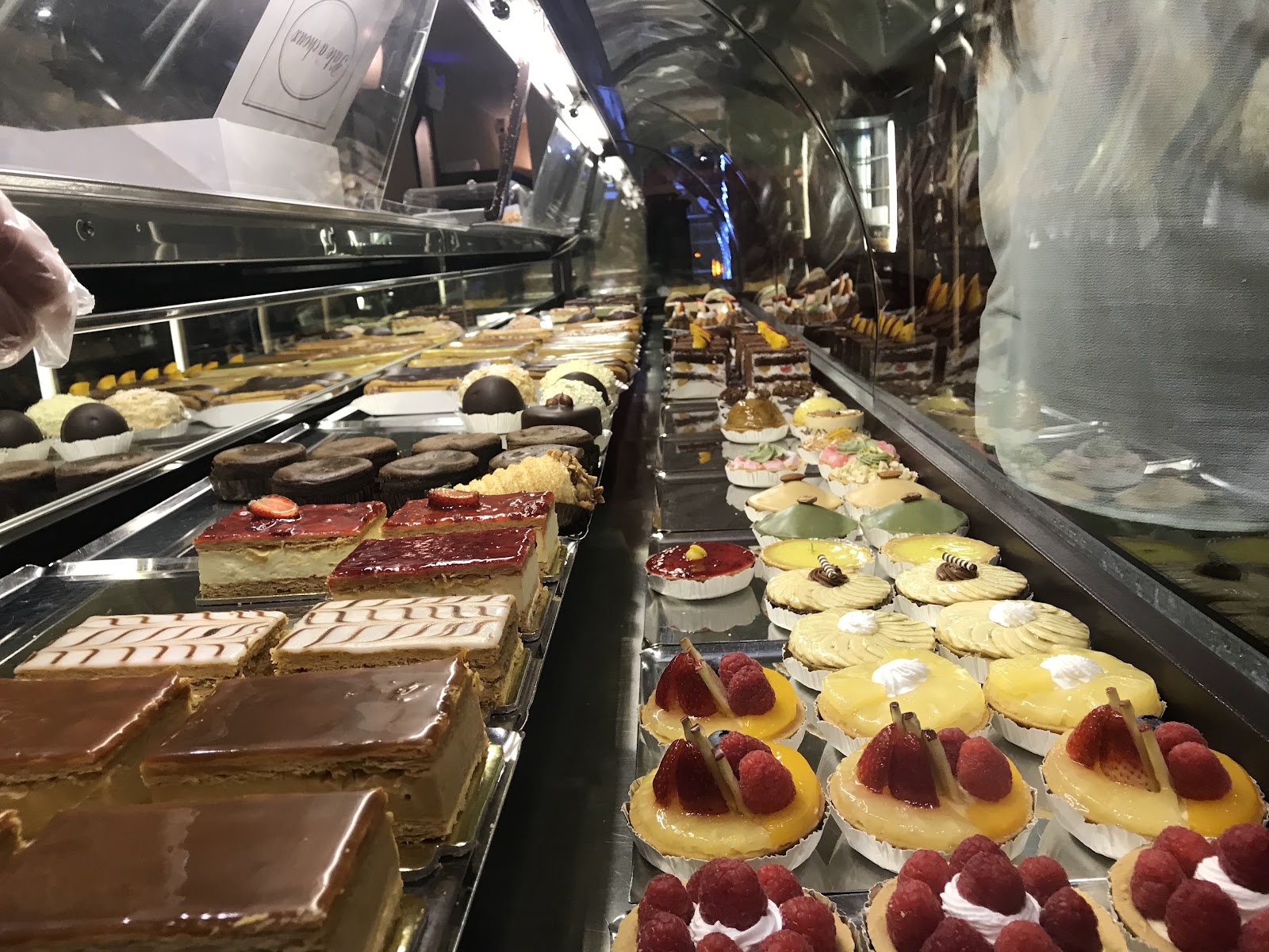 The long vitrine, trays of gateaux and tarts