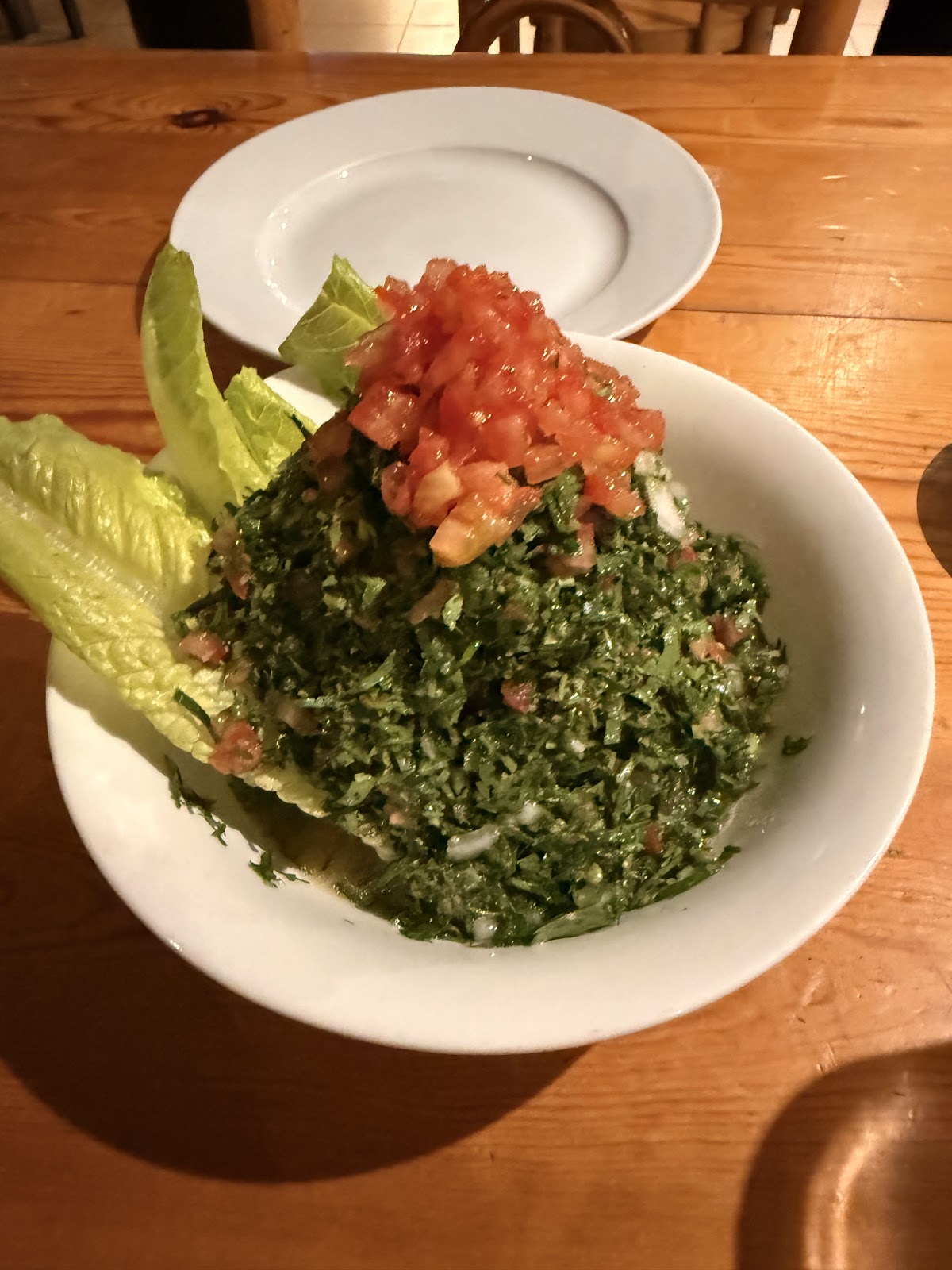 Tabbouleh with a romaine leaf and diced tomato