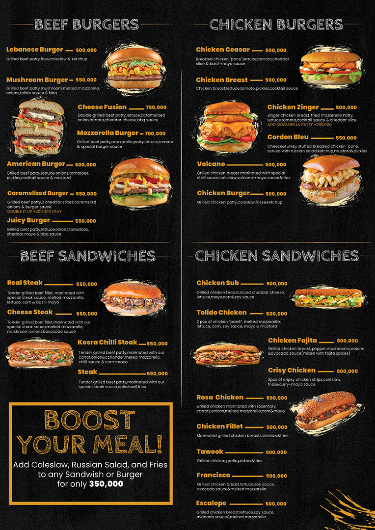 The Tolido printed menu of burgers, steaks and sandwiches