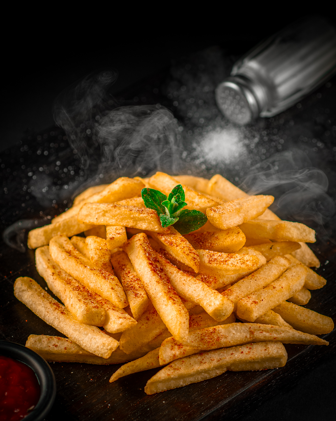 Spiced fries with a side of ketchup