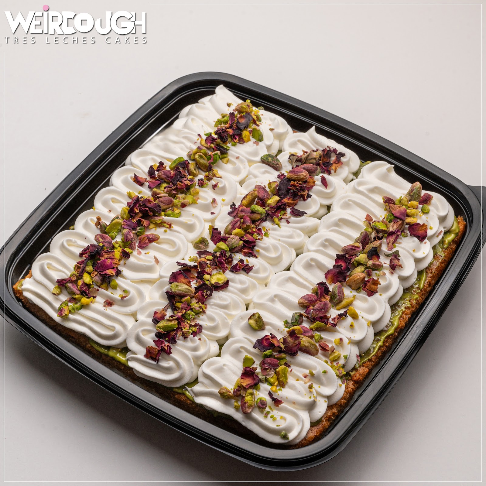 A whole tray of pistachio and rose tres leches from Weirdough