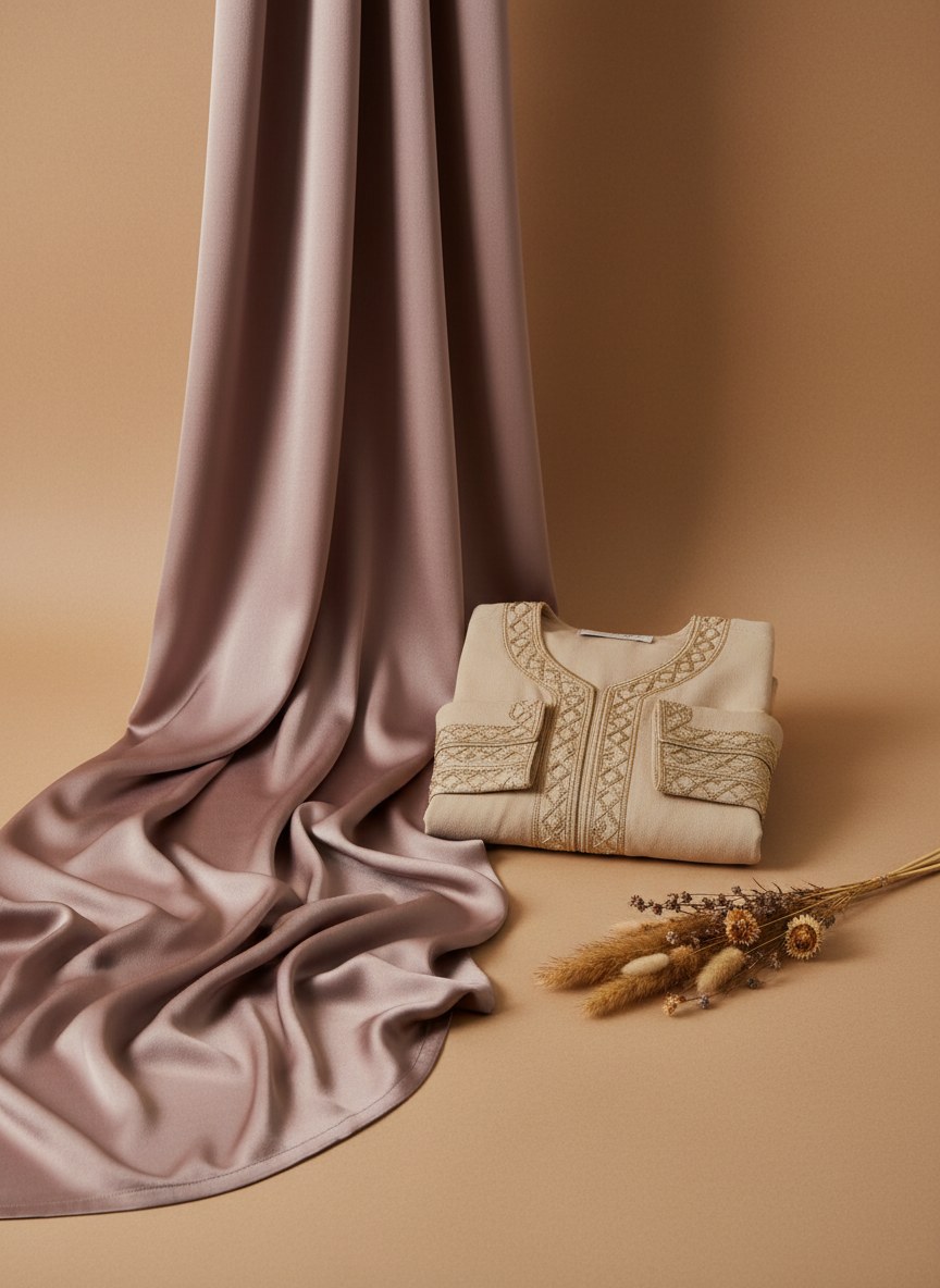 Mauvefarbene Seide und bestickte Abaya — Stillleben in den Farben von Anaqa