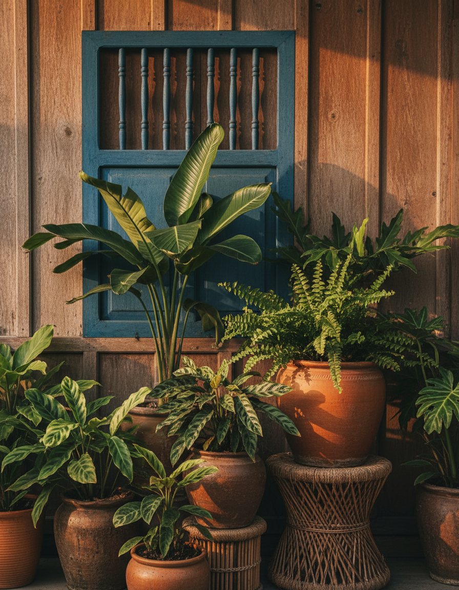 Blue-framed window and tropical plants at Pai Yan Noi