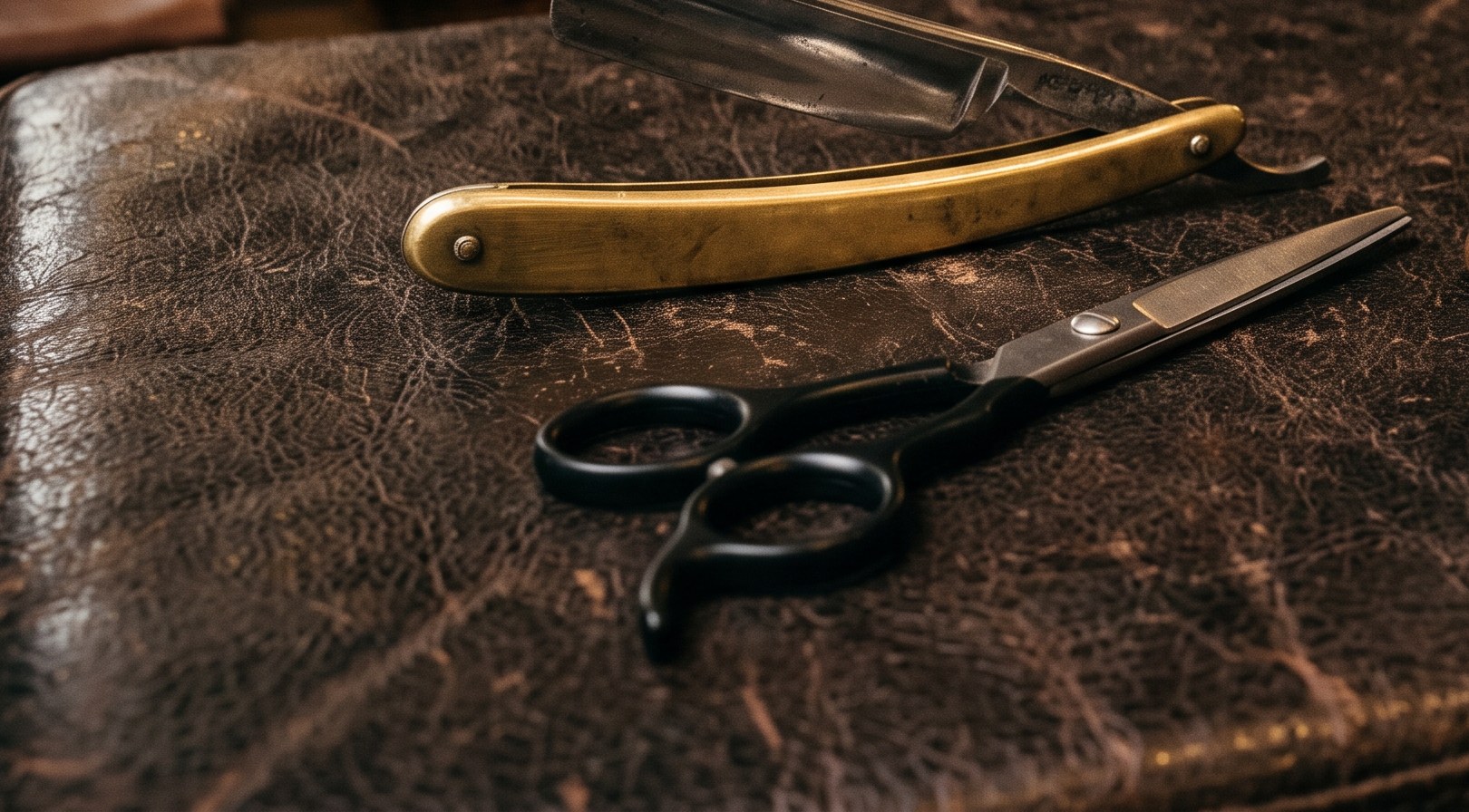 موس وفرشاة حلاقة ومقص على جلد داكن بإضاءة نحاسية