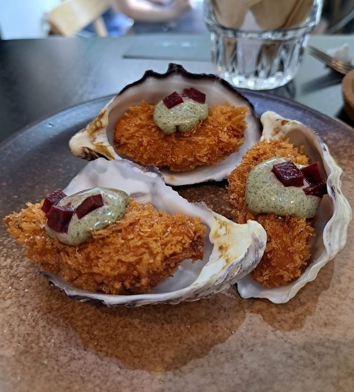 Fried oysters with homemade mayo served in their shells
