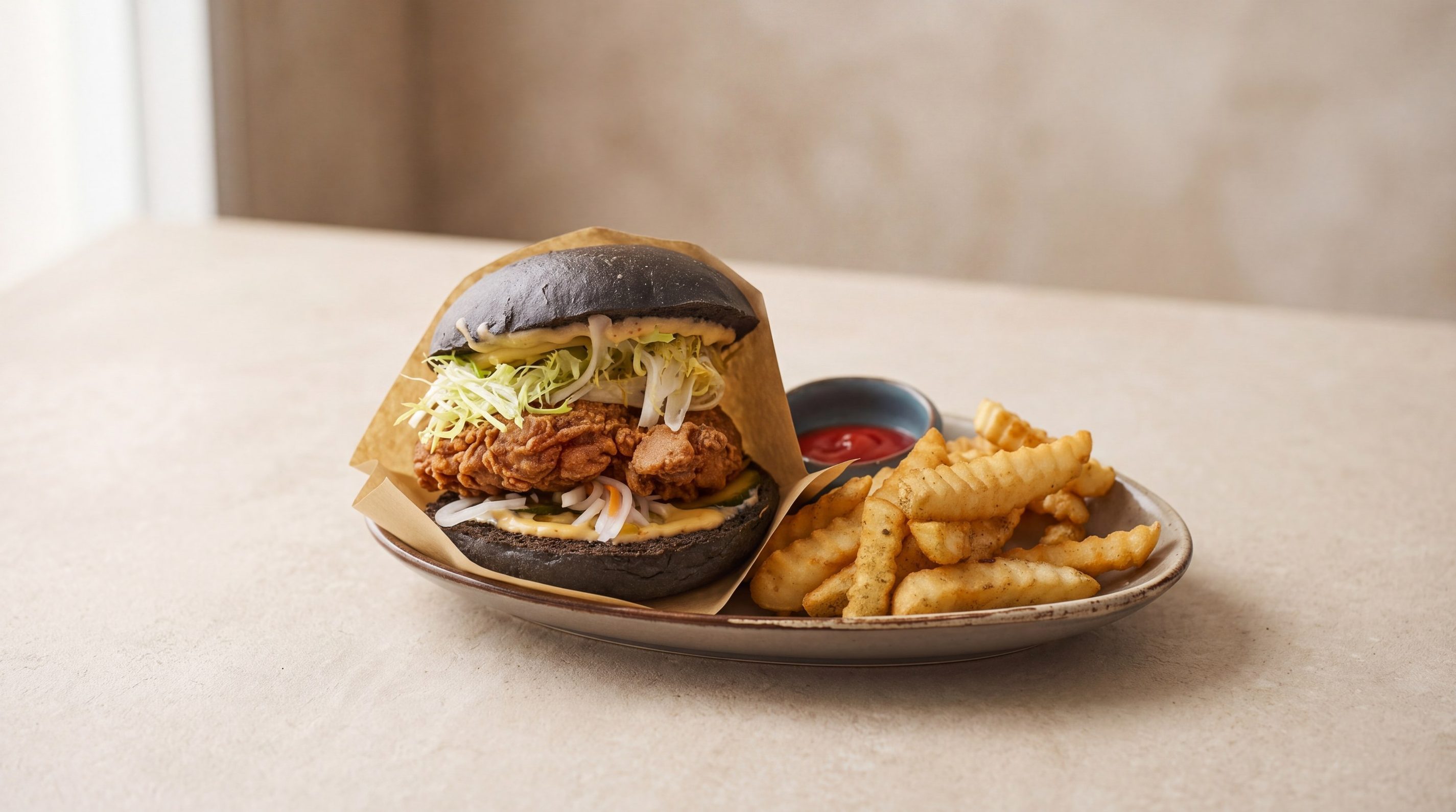 The charcoal bun fried chicken burger with crinkle-cut fries, on HoHon Eatery's own table
