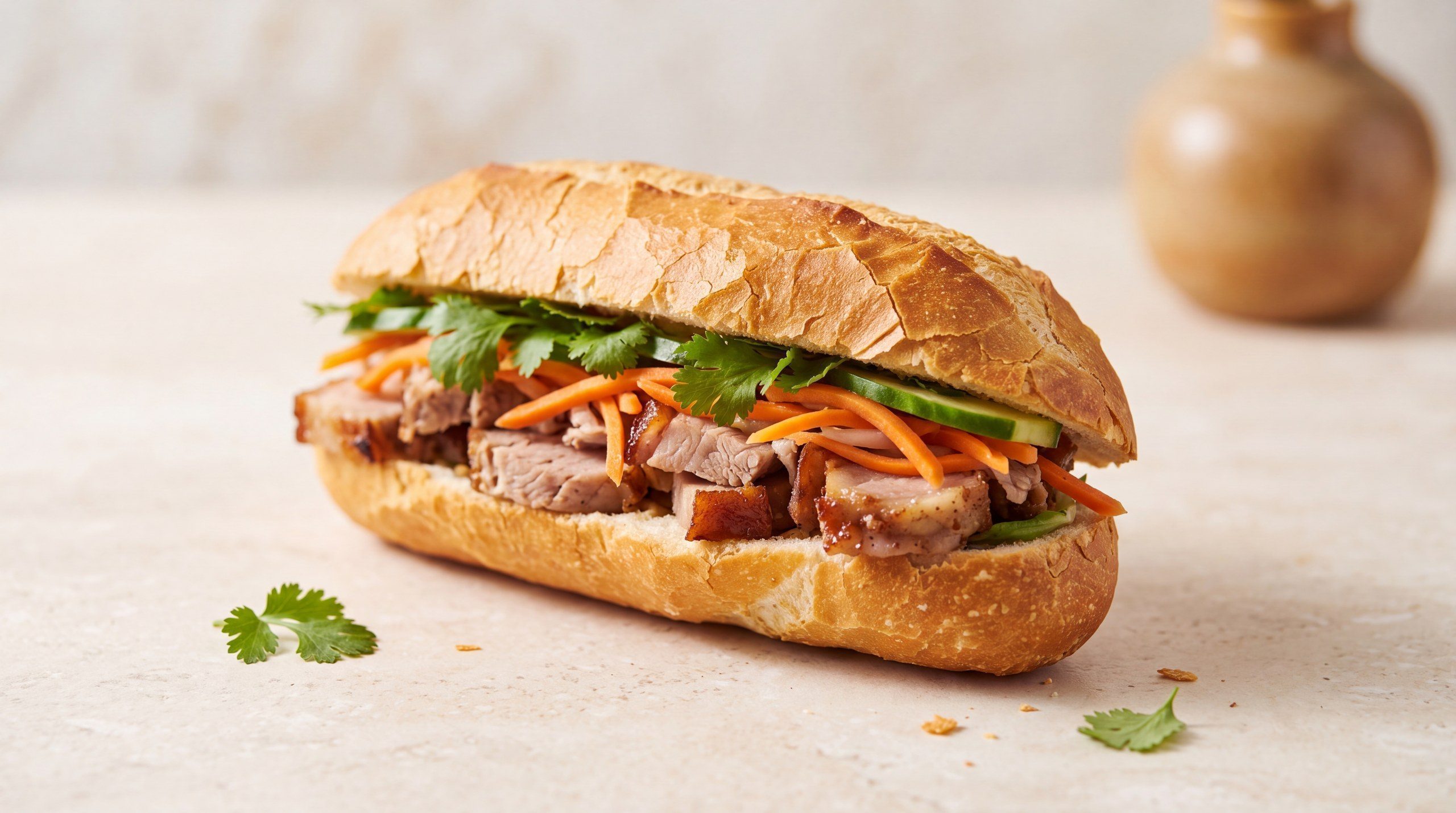 Cross-section of a 2T Cafe bánh mì, roast pork and pickled carrot in a crusty roll