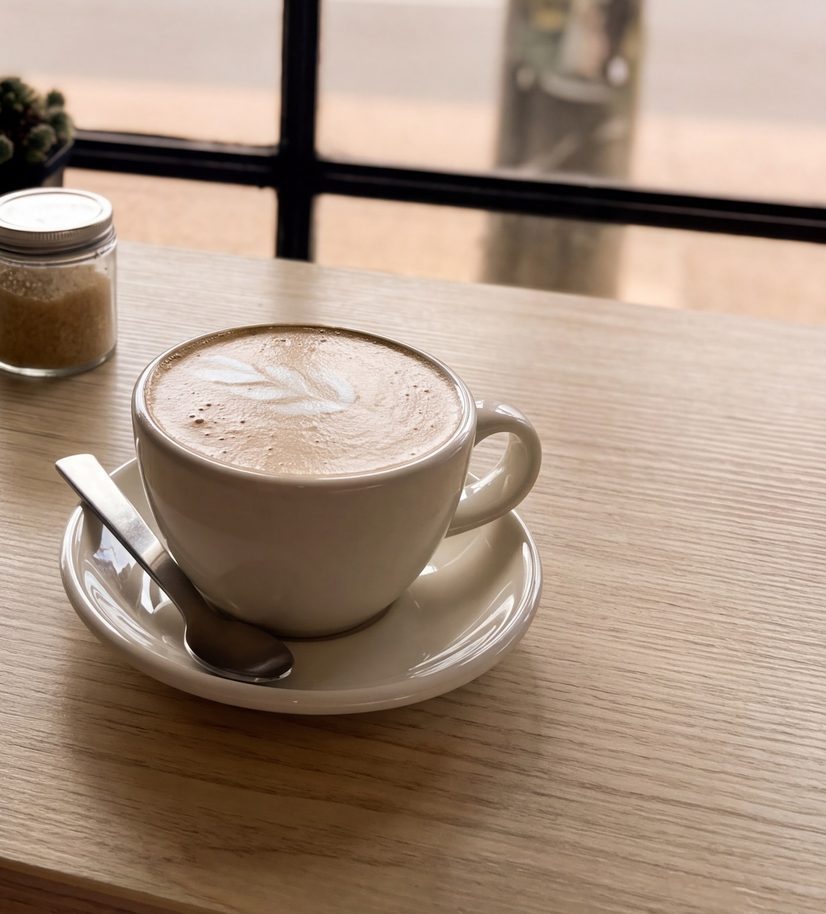 A flat white on the window counter, Brunswick Street beyond the glass