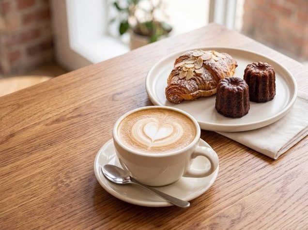 Pain au chocolat and canele beside a flat white