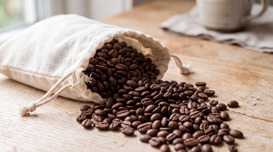 Still life: roasted coffee beans spilling from a cloth bag
