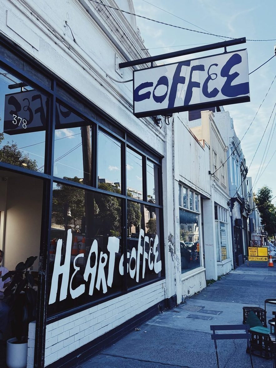 The Heart Coffee shopfront on Burnley Street, with the hand-painted wordmark across the window